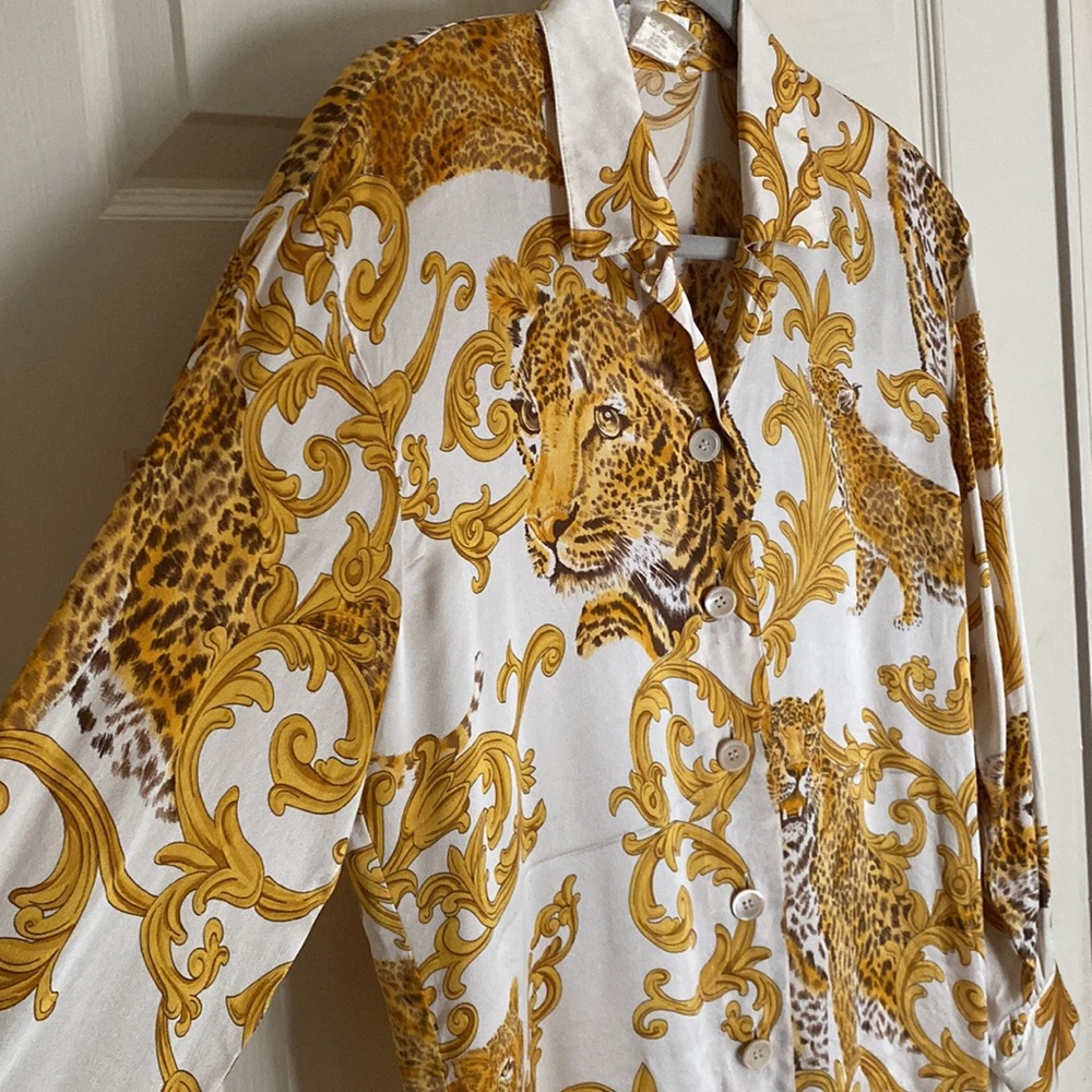 Vintage Escada 100% Silk Tiger and Gold Chain Print Blouse
